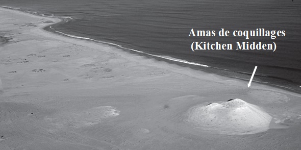 Amas de coquillage néolithique (5 000 avant J.-C.) du type de ceux qu'on trouve dans le Sahara marocain, entre Oued Draa et Dakhla ; on aperçoit à gauche une colline de coquilles de plus de dix mètres de hauteur, témoin de l'exploitation très ancienne des ressources marines du littoral du Maroc ; photo : Abdeljebbar Qninba. Amas de coquillage néolithique (5 000 avant J.-C.) du type de ceux qu'on trouve dans le Sahara marocain, entre Oued Draa et Dakhla ; on aperçoit à gauche une colline de coquilles de plus de dix mètres de hauteur, témoin de l'exploitation très ancienne des ressources marines du littoral du Maroc ; photo : Abdeljebbar Qninba.