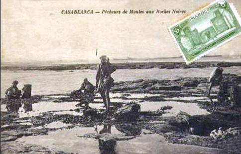 Pêcheurs de moules à marée basse lors de l’équinoxe de l’automne sur les côtes de Casablanca en 1914.
