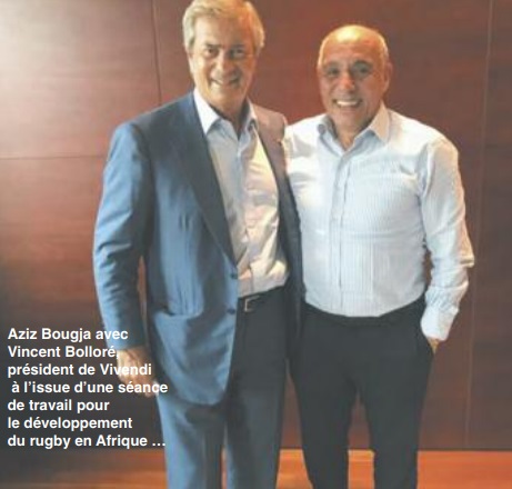 Aziz Bougja avec  Vincent Bolloré,  président de Vivendi  à l’issue d’une séance  de travail pour  le développement  du rugby en Afrique …