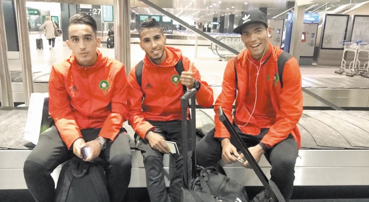 Boulehroud, Ounajem et Taghnaouti lors de l’arrivée de l’EN à l’aéroport de Zurich Ph. frmf.ma Boulehroud, Ounajem et Taghnaouti lors de l’arrivée de l’EN à l’aéroport de Zurich Ph. frmf.ma