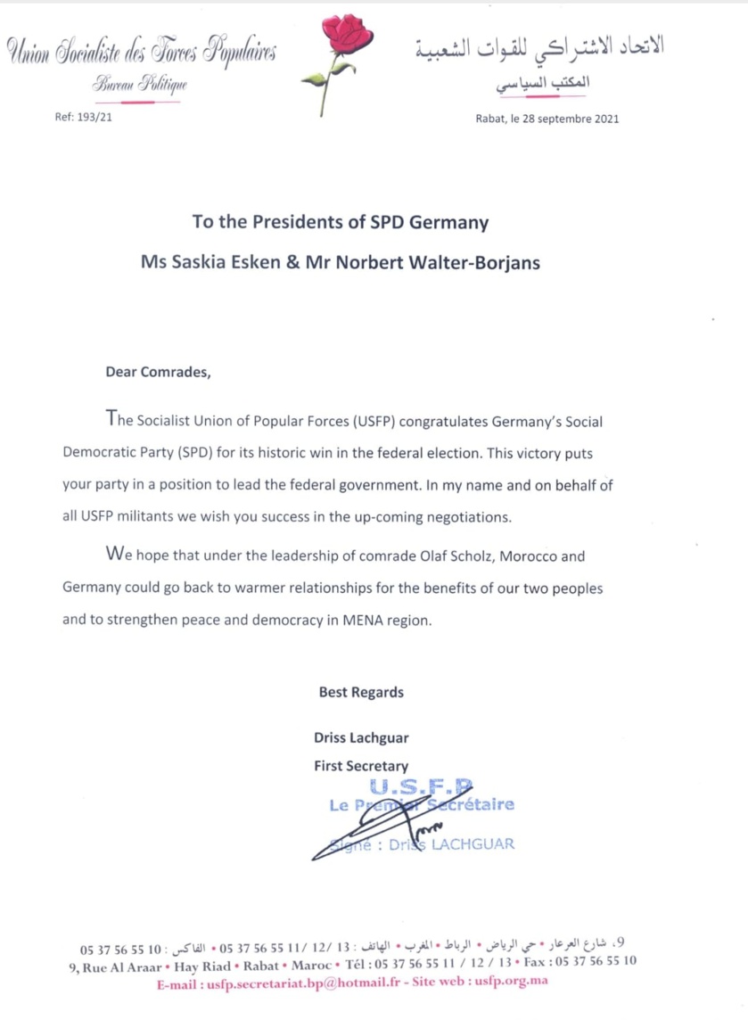 Les félicitations de l’USFP au Parti social-démocrate allemand Les félicitations de l’USFP au Parti social-démocrate allemand