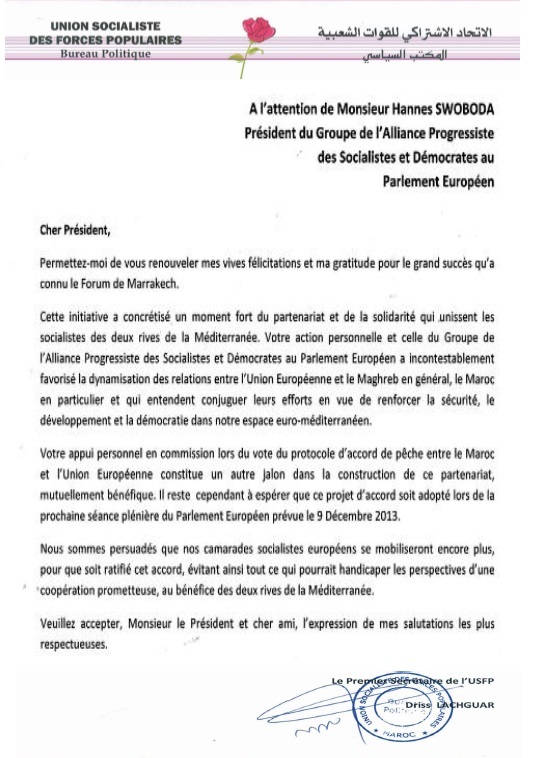 Lettre de Driss Lachguar à Hannes Swoboda