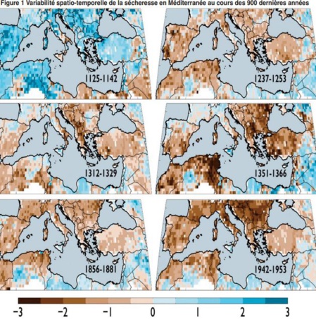 Source : Benjamain Kook, et al. Spatiotemporal drought variability in the Mediterranean over the last 900 years, Advancing Earth and Space Science, February 2016