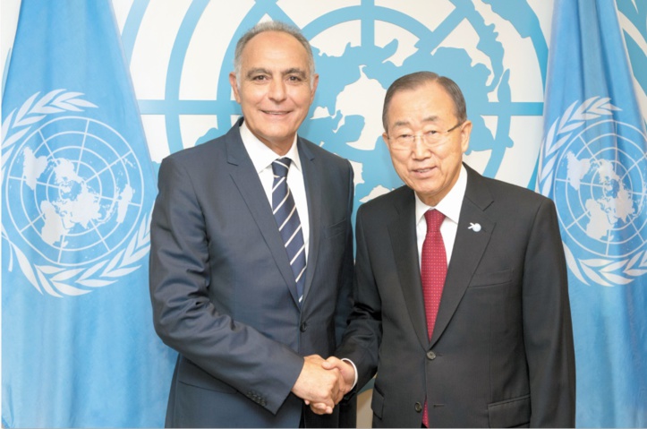 Ban Ki-moon et Salaheddine Mezouar, le 28 septembre 2015 au siège des Nations unies. Ban Ki-moon et Salaheddine Mezouar, le 28 septembre 2015 au siège des Nations unies.