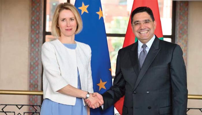 Nasser Bourita accueillant Kaja Kallas, haute représentante de l'Union européenne pour les affaires étrangères et vice-présidente de la Commission européenne