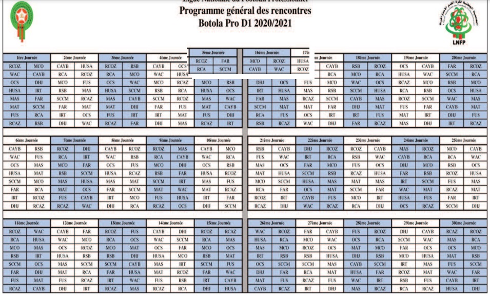 Calendrier de la Botola Pro 1 de football Calendrier de la Botola Pro 1 de football